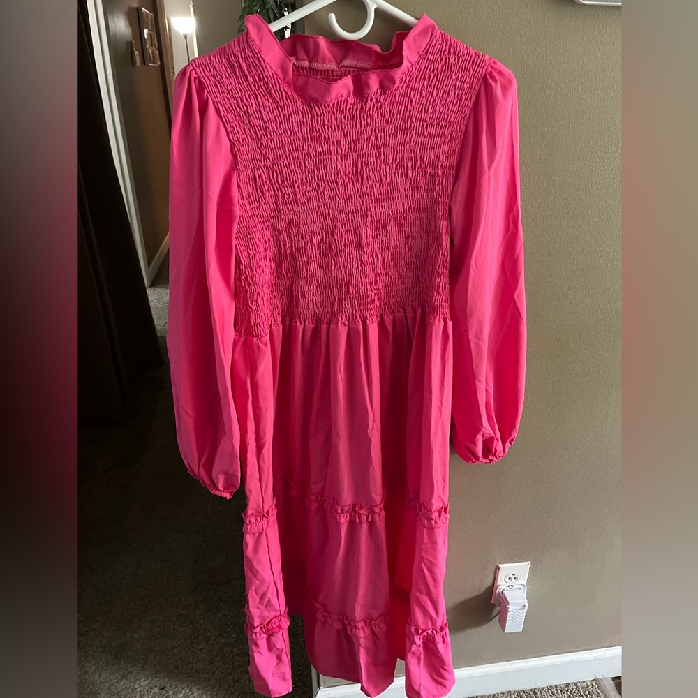 Smocked Bodice Long Sleeve Midi Dress - Hot Pink
